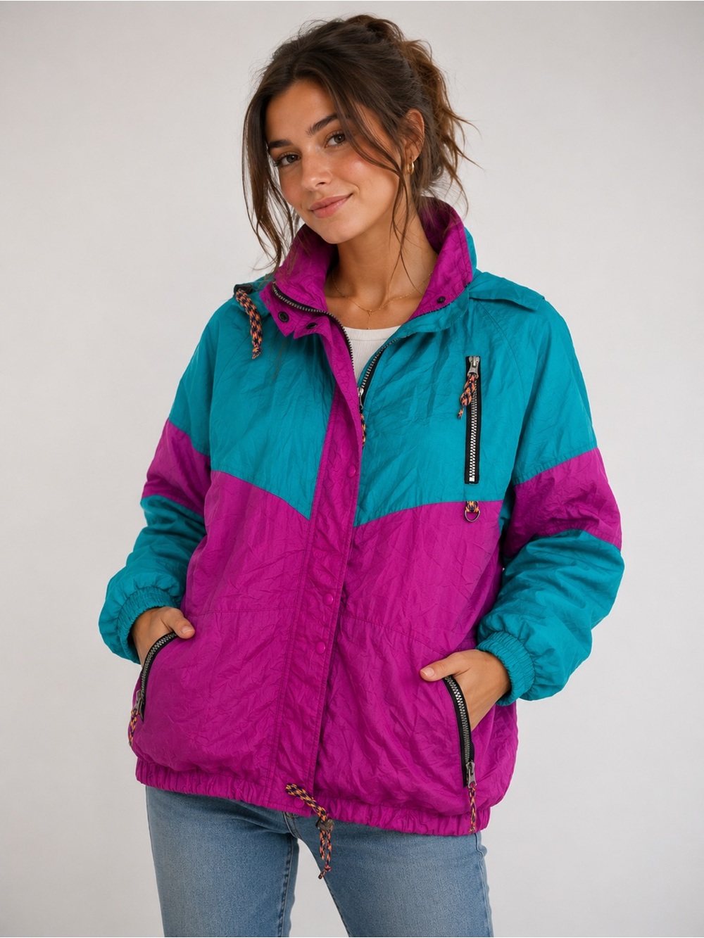 Vintage Helly Hansen Windbreaker Women’s Small Teal Pink Colorblock 90s Jacket